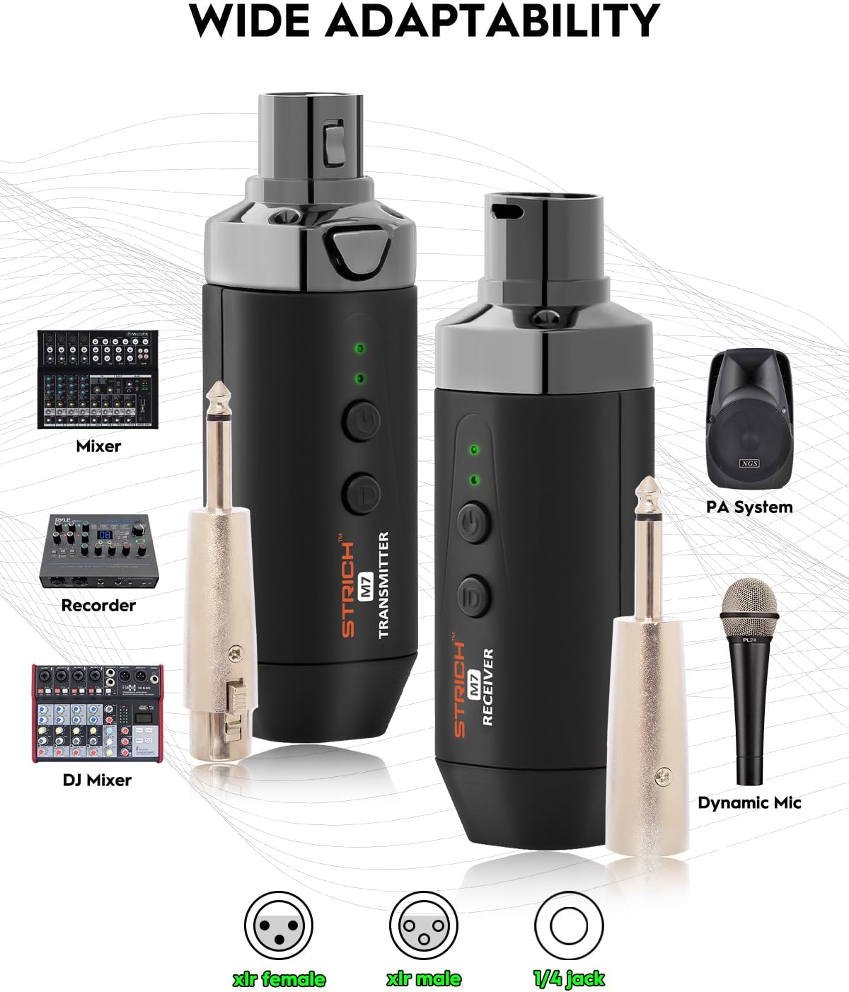 STRICH Wireless Mic Transmitter Receiver 5.8 Ghz, Wireless Mic Adapter, Plug-on Wireless Mic System XLR for Dynamic Microphone, Audio Mixer, Audio Recorder, PA System, 20Hz-20KHz, 140dB, M7