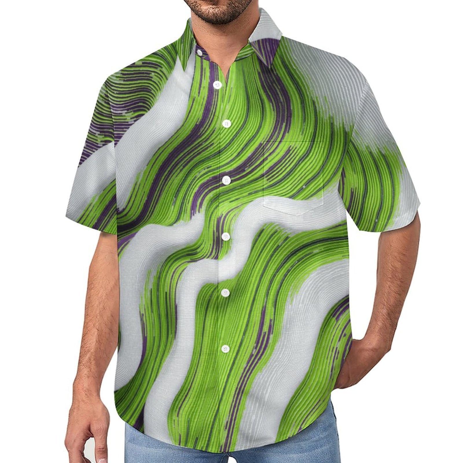 Camicia da Uomo a Maniche Corte con Bottoni, Stile Glitch Realistico Artistico con Stampa Onda, vestibilità Regolare, Camicie da Spiaggia Estiva Hawaiano, Aloha