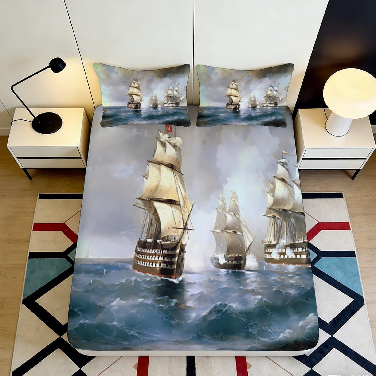 3D Printed Sailing Ship Ocean Fitted Sheet Microfiber Soft Mattress Cover for Bedroom Guest Room Decor Easy Care 160x200x25cm