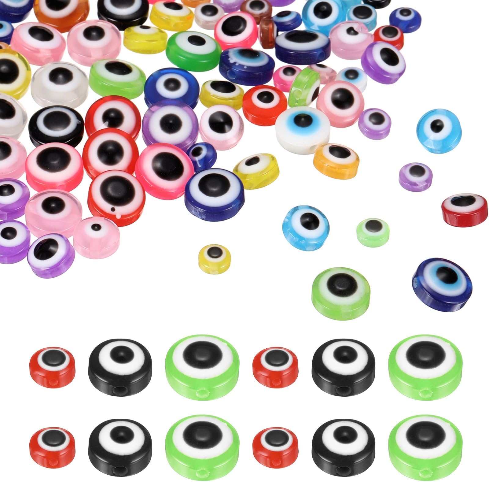 sourcing map Evil Eye Beads, 150 Pcs 6mm/8mm/22mm Resin Flat Round Evil Eye Charm for Jewelry Making DIY Bracelet Earring Necklace Craft, Multicolor