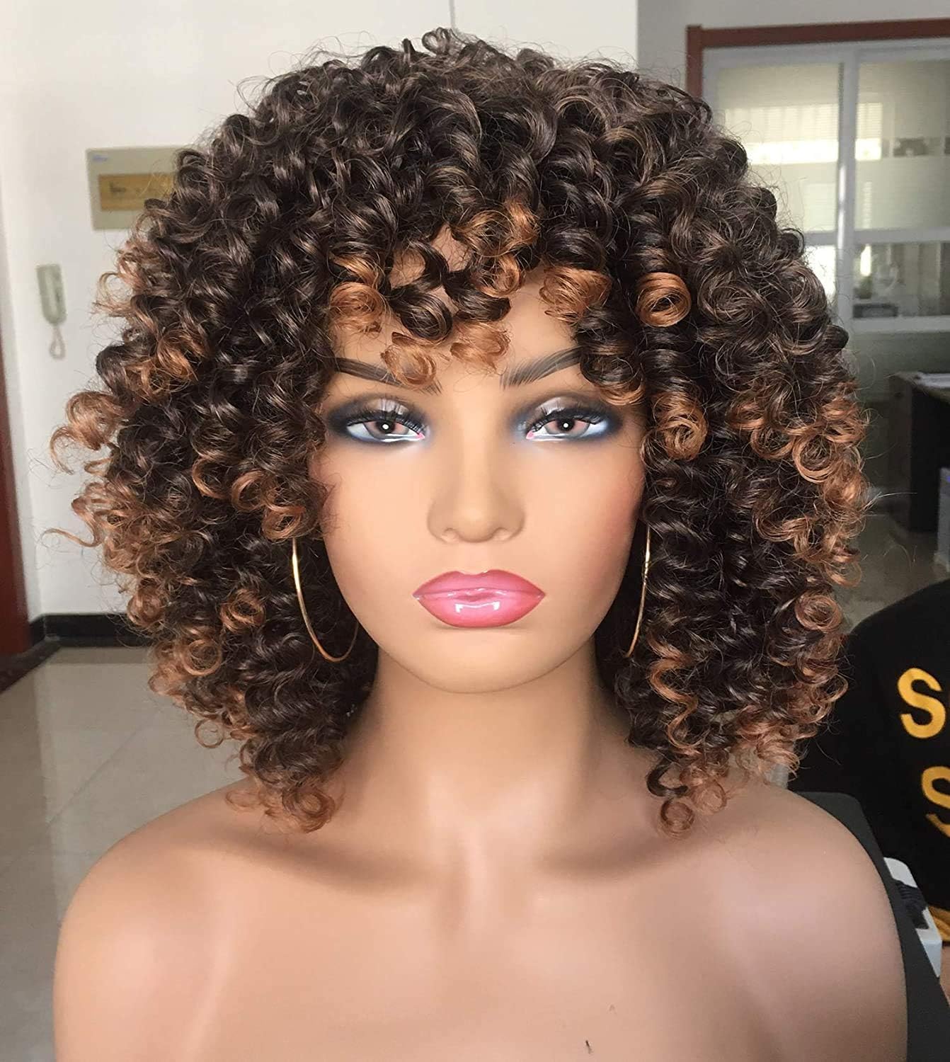 Annivia Short Curly Wigs for Black Women with Bangs Big Bouncy Fluffy Kinky Curly Wigs Heat Resist Soft Synthetic 2Tone Ombre Darkest Brown Short Curly Afro Wig