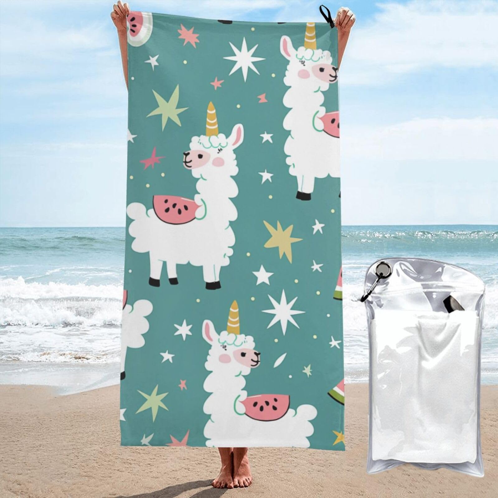 BWWHCCTI Cute Llama Printed Microfiber Quick Dry Beach Towel 70x140 CM, Fast Drying Bath Towels with Bags for Travel,Camping,Gym,Beach,Swimming,Yoga
