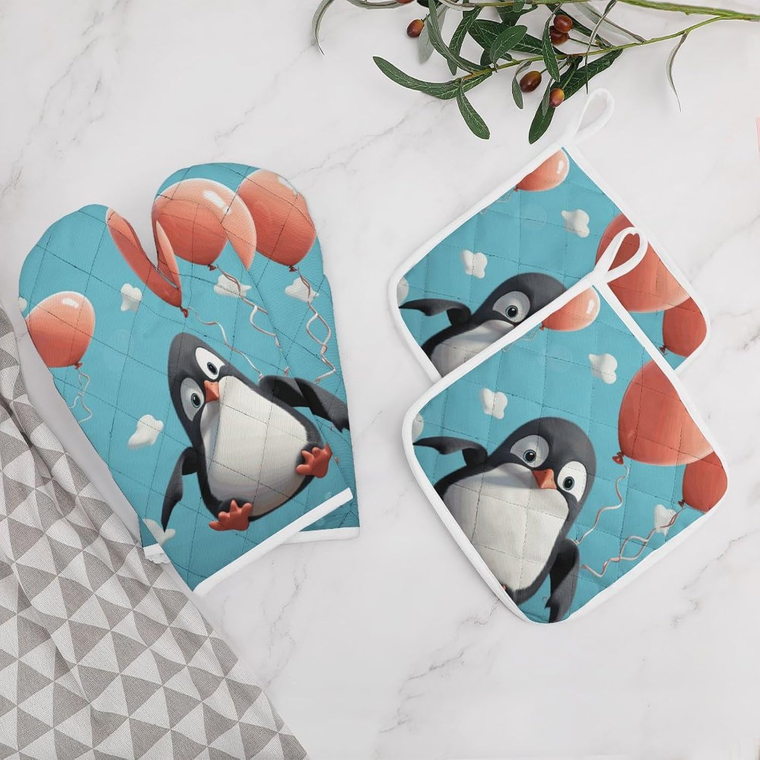 Oven Mitts Pot Holders Kitchen Cute Penguin with Balloon Heat Resistant Oven Glove for Baking and Cooking