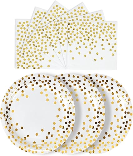 Platos y Servilletas de Papel Blanco y Dorado - Paquete de 50 - 25 Platos de Papel de 7 pulgadas y 25 Servilletas de 6.5 pulgadas, Suministros de