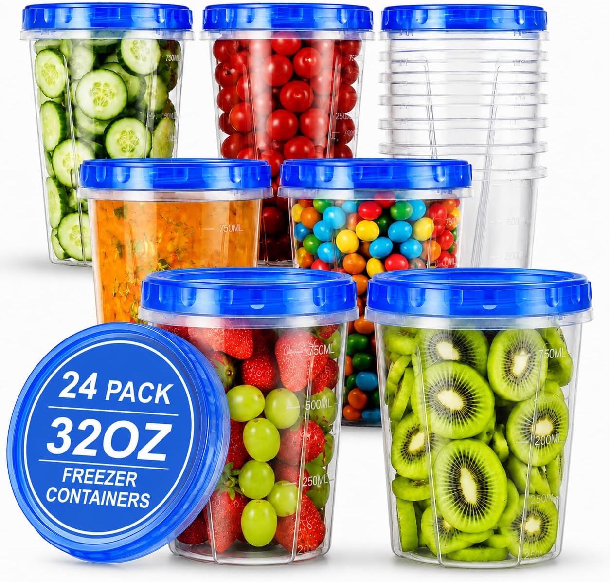 RFAQK Freezer Storage Containers with Lids-12 Plastic 32 oz Deli Containers with 12 Screw Lids-Freezer Containers for Soup