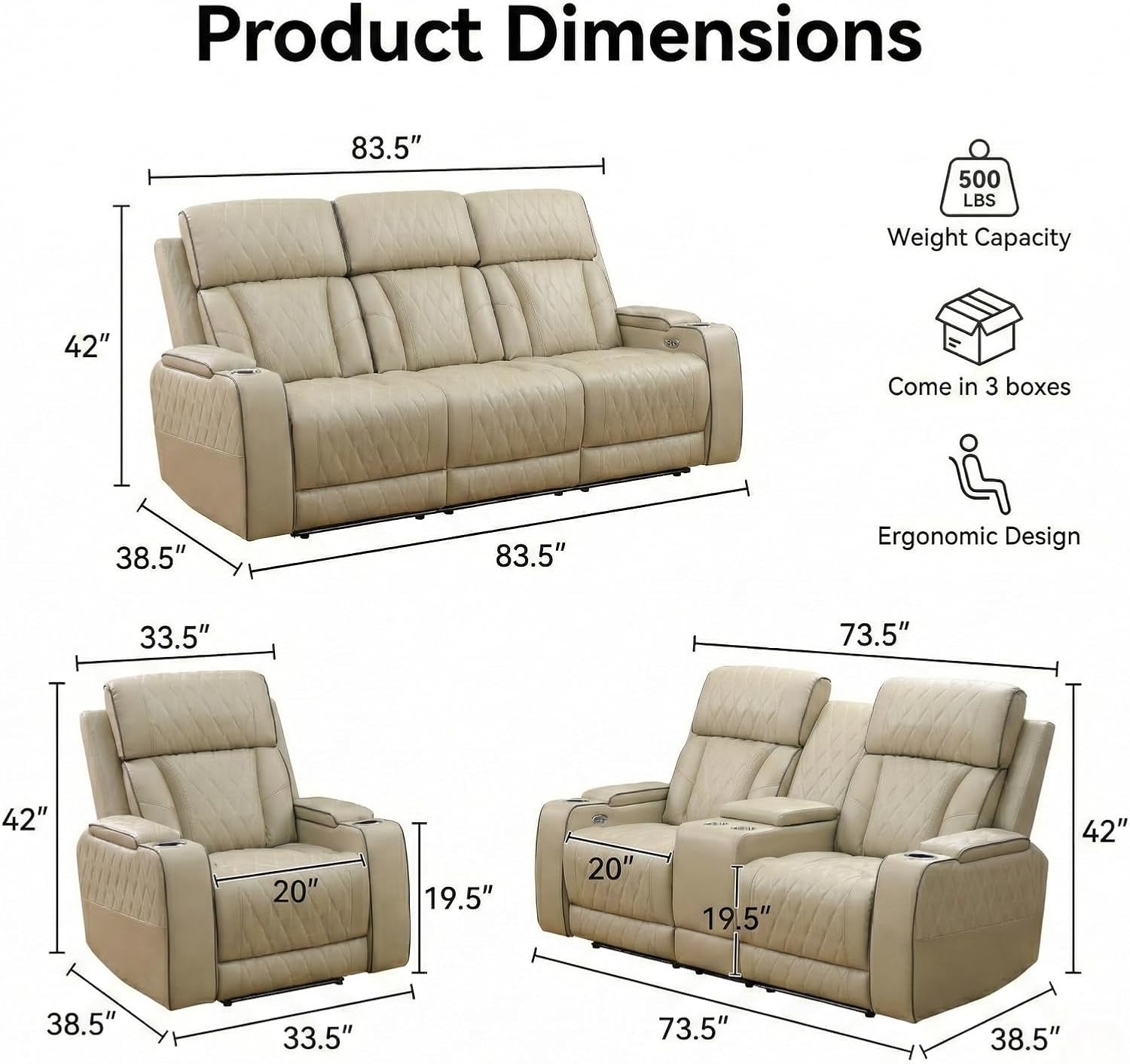 3-Piece Power Recliner Set with LED Lights, Quilted Air Leather Recliner Sofa with USB Port/Storage/Cup Holder/Reader Light for Living Room/Home Theater/Office/Apt, Beige