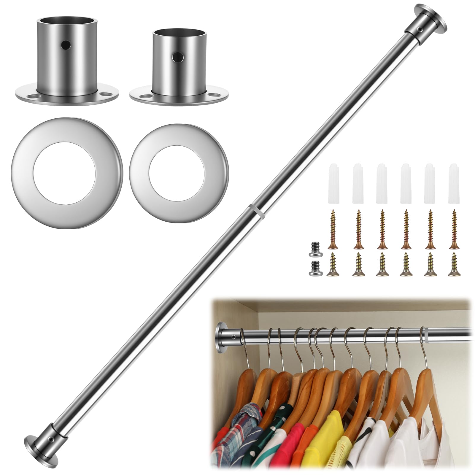 50-80cm Extendable Wardrobe Rail, Stainless Steel Adjustable Clothes Rail Pole with End Sockets,Wardrobe Pole and Fittings, Clothes Hanging Rail, Silver