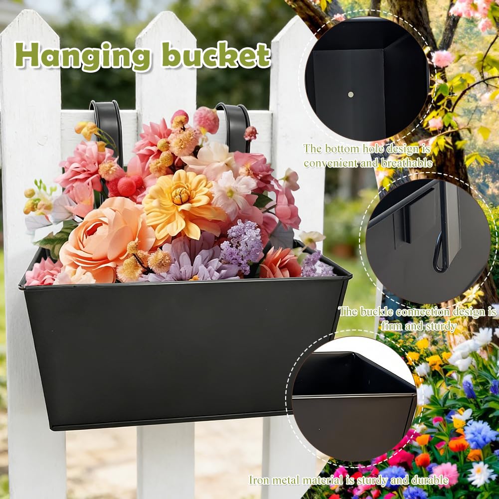 4 macetas colgantes de metal, grandes macetas para colgar con gancho extraíble, 27,5 cm, macetas colgantes para balcón, valla, jardín, pared, casa, casa, decoración, macetero decorativo (negro)