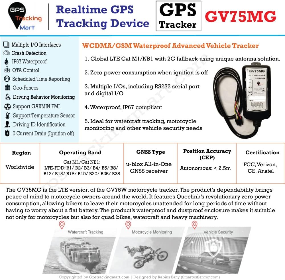 GTM Queclink GV75M 4G Car Motorcycle Vehicle GPS Tracker Worldwide, Waterproof Real Time Locator, Li-Polymer 700mAh, w/Geo-Fencing Emergency Alarm Extended Backup Battery Driving Behavior Monitor