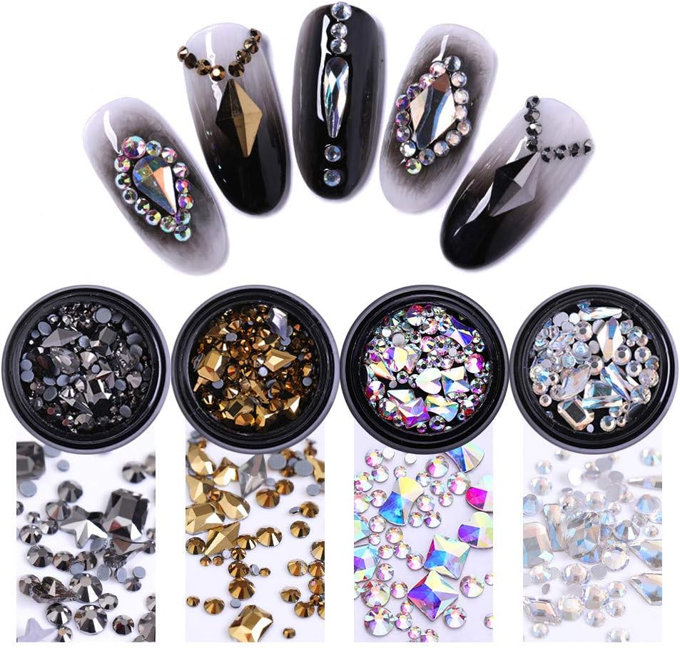 CoulorButtons 4Boxes Nail Art Rhinestone Kit Matel Studs Crystal 3D Decoration Kit Muti Colors Horse Eye Resin Gold Silver