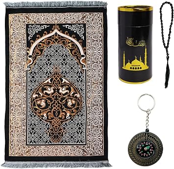 Muslim Prayer Rug with Prayer Beads,Soft Islamic Prayer Rug,Prayer Mat,Muslim Prayer Rug and Prayer Beads,with Elegant Cylinder Gift Box and Compass,for Praying Men,Women,Kids