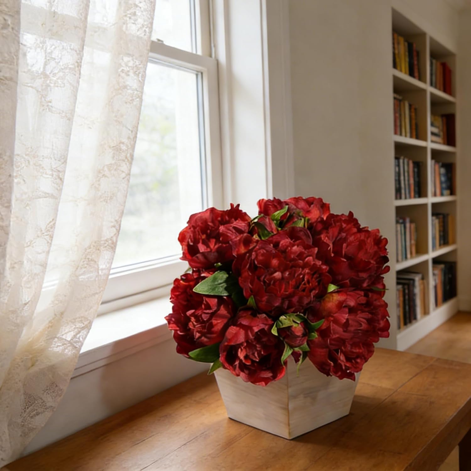 Faux Peony Flowers with Wood Vase, 12Pcs Purple Silk Floral Artificial Arrangements, Centerpieces for Tables, Flower Bulk with Vase, Real Look Peony for Office Washroom Home Decor