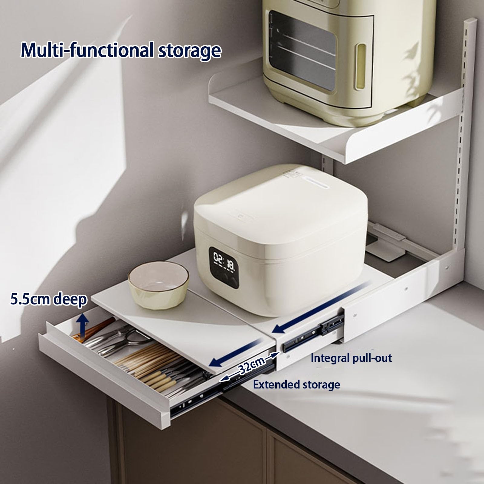 Soporte ajustable de 2 niveles para microondas con cajón para almacenamiento de encimera, estante extraíble para utensilios y vajilla (11.8 x 11.8 x 23 pulgadas)