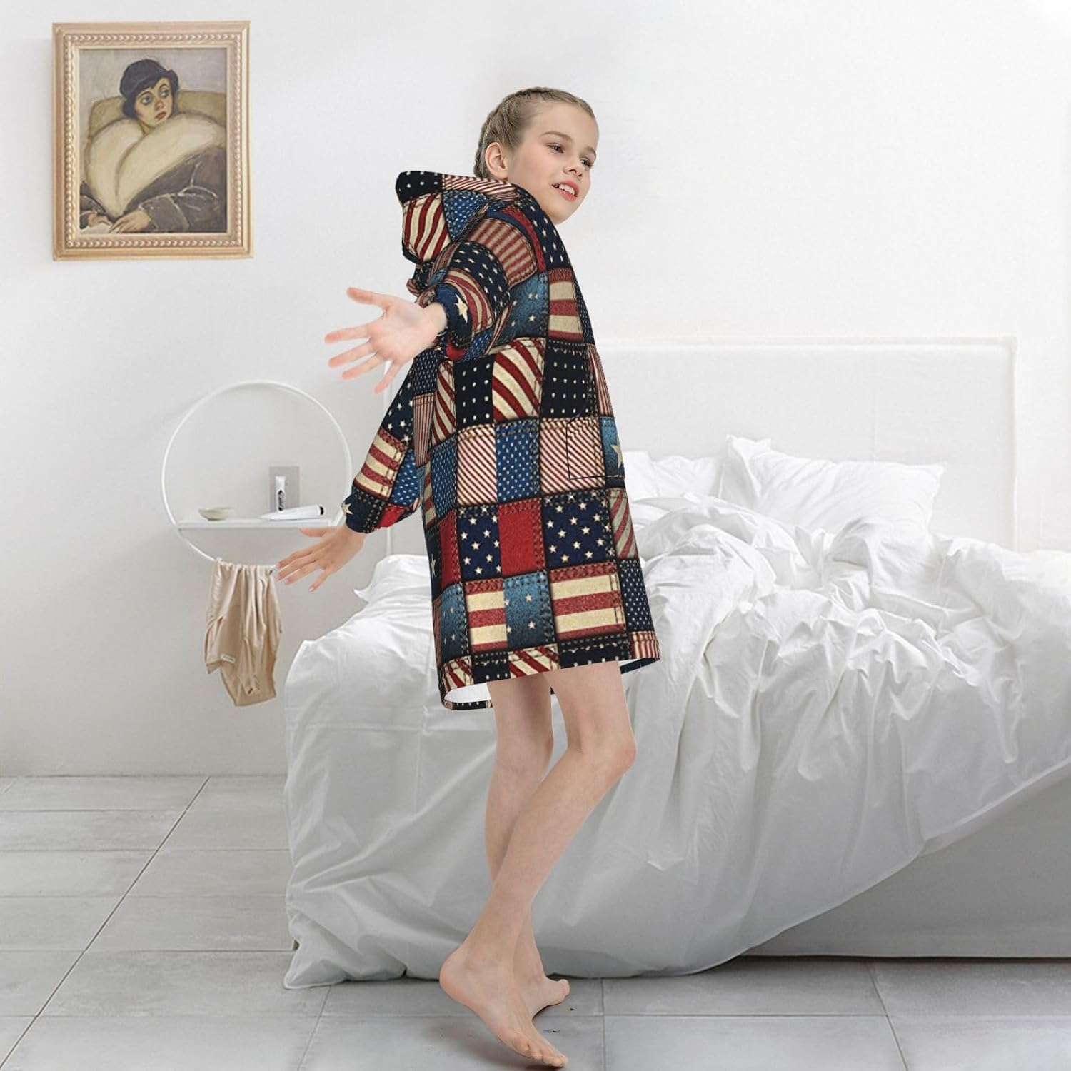 American Flag Patchwork Print Oversized Blanket Hoodie, Wearable Blanket Hooded,Hooded Pullover With Pocket