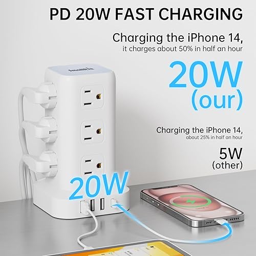 Miniatura 2 de PD20W - Regleta de alimentación con protección contra sobretensiones, cable de extensión de 16.5 pies, regleta de alimentación con 12 salidas USB