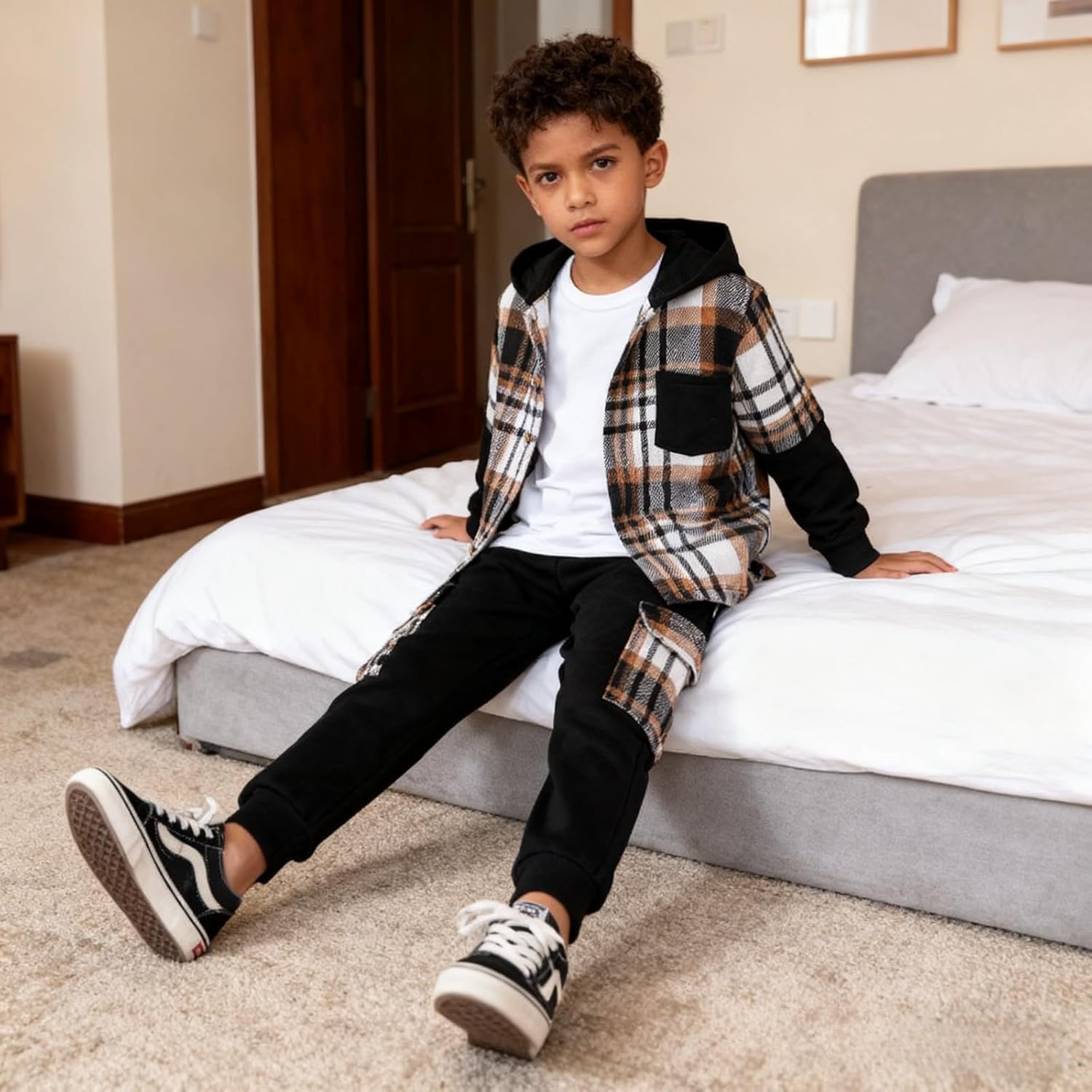 Size 4-11 Years Boys Clothes Flannel Plaid Shirt Hooded Sweatshirt & Pants 3PCS Kids Boys Fall Winter Outfits Sets - Image 5