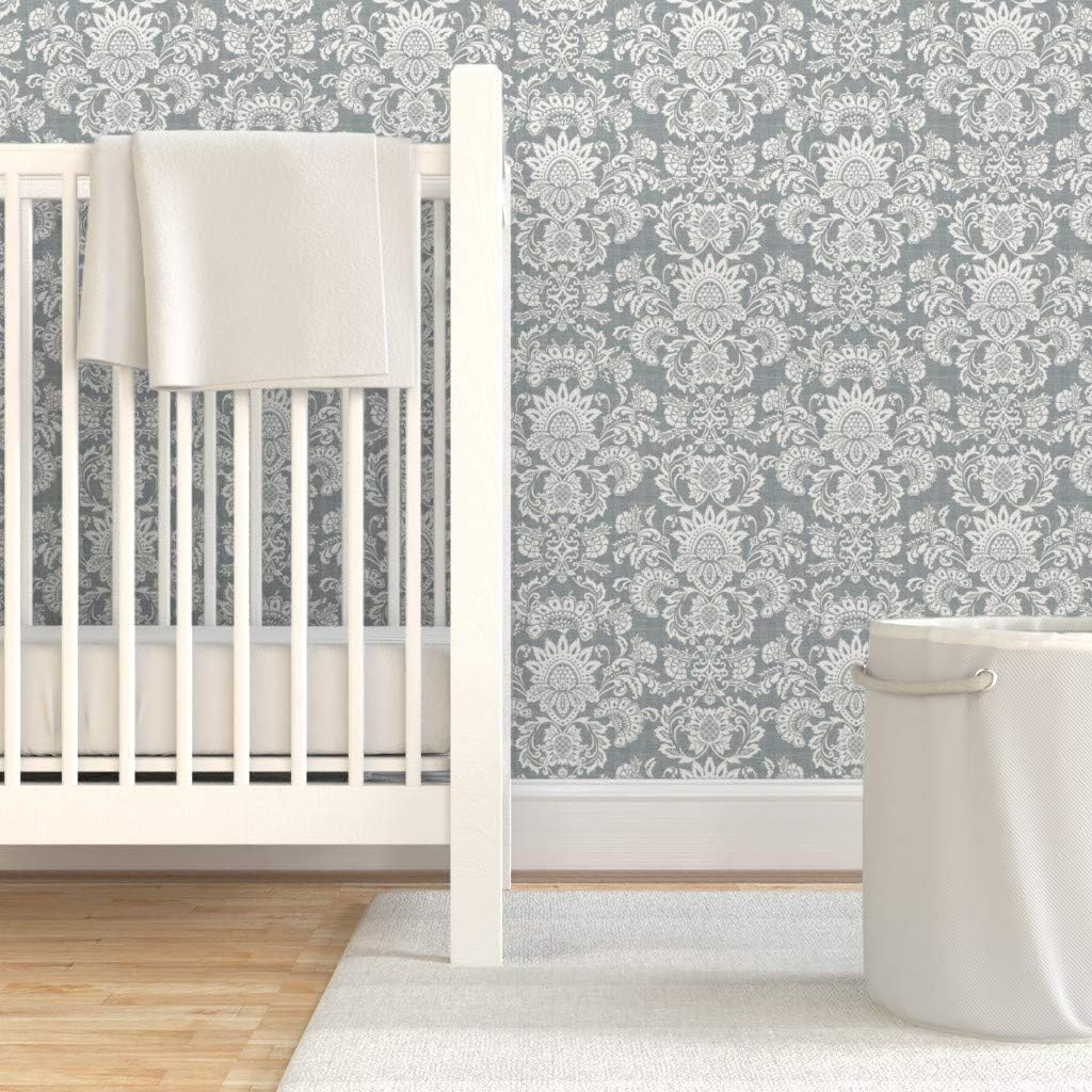 Removable Wallpaper 3ft x 2ft - White Flower Damask Leaves Modern Gray Monochrome Floral Grey Neutral Custom Pre-Pasted Wallpaper by Spoonflower