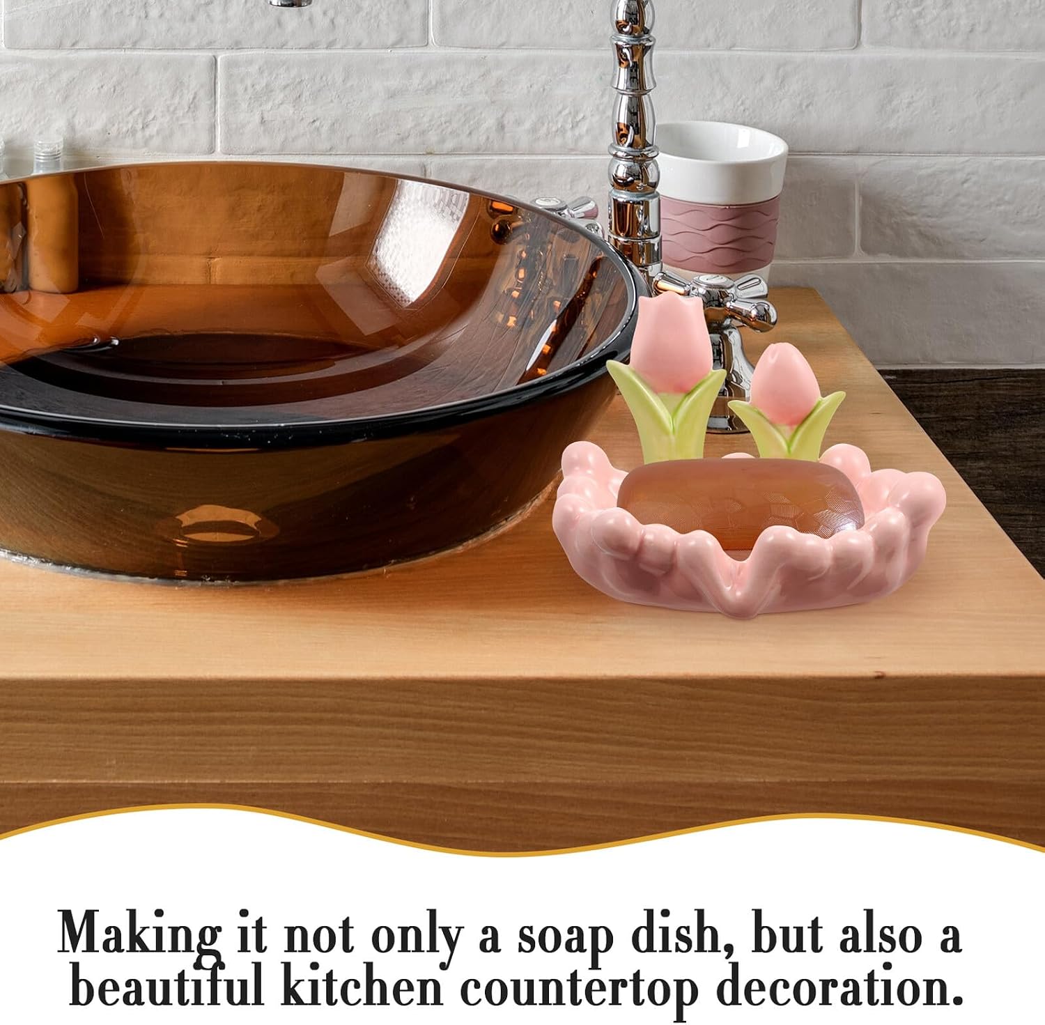 Self-draining Ceramic Flower Soap Dish Tulip Design Pink Decorative Soap Holder for Bathroom Accessories