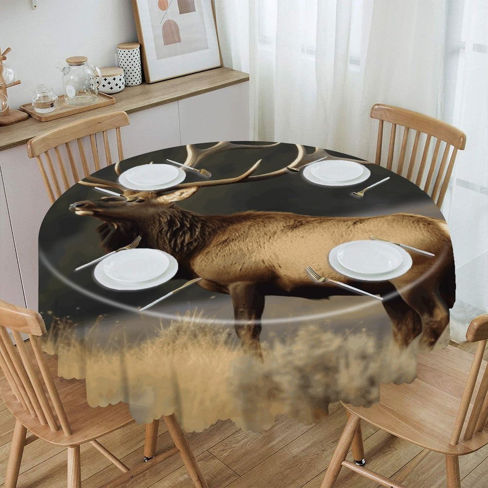 VstaDank Bull Elk Round Tablecloth Premium Polyester Table Cloth Heavy Duty Washable Fabric Tablecloth Waterproof Holiday Table Cover Decorative Tablecloths for Dining 60"