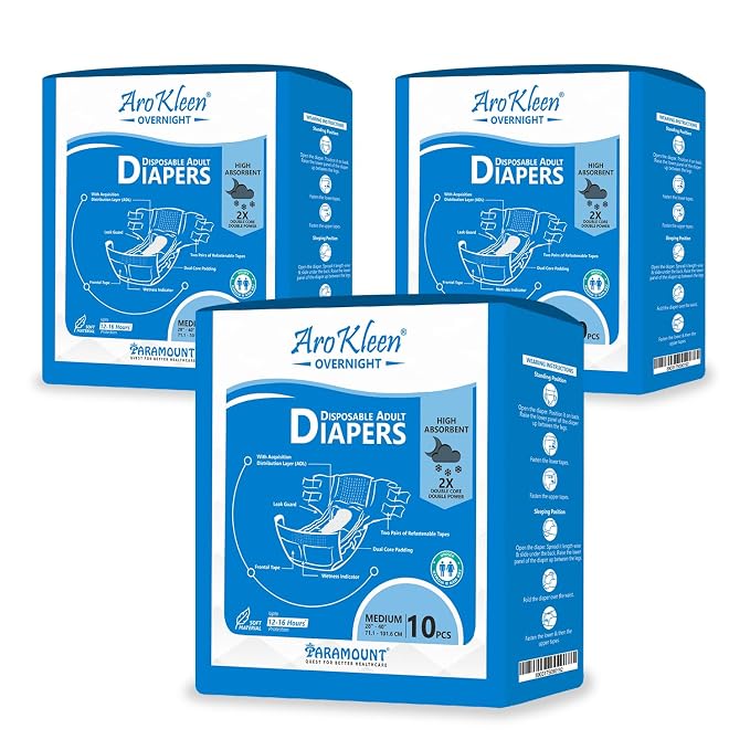 Arokleen 2X Absorbent Overnight Adult Diaper M Size Tape Style | 30 Count Medium | Waist 28-40 Inch (71.1-101.6 cm) | 16 Hrs Protection | Leakproof | Quick & Even Absorption | Unisex | Anti-Rash | Odour Lock | Superior Softness | Elastic Waist & Anti-Bact