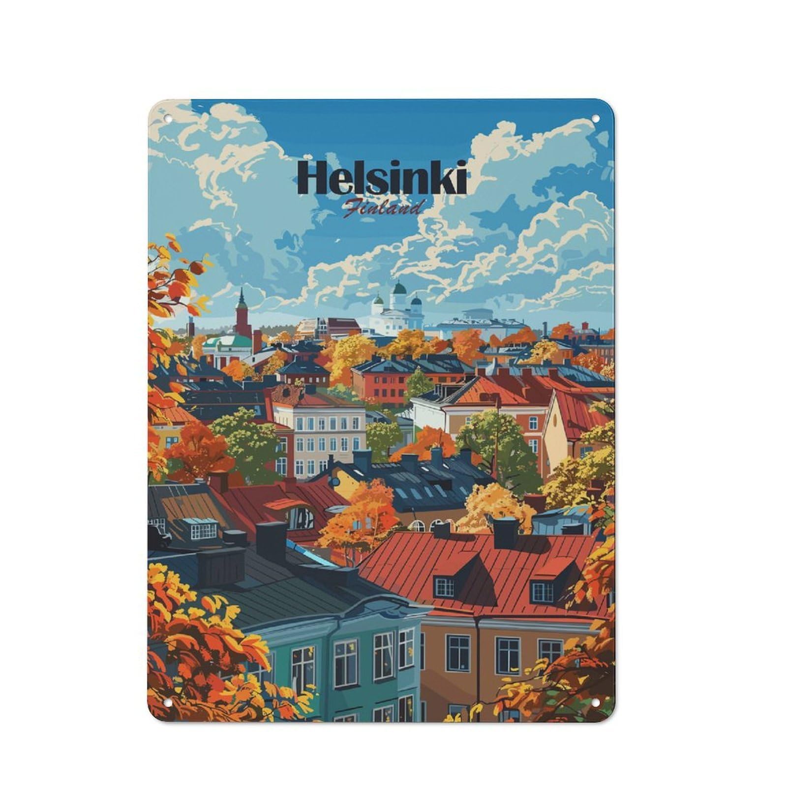Junmoney Style-5 Tin Wall Plaque 40X30cm With Helsinki Finland Autumn Cityscape Illustration For Home Office Or Studio, New Home Wall Decor For Home Office Decor Fans