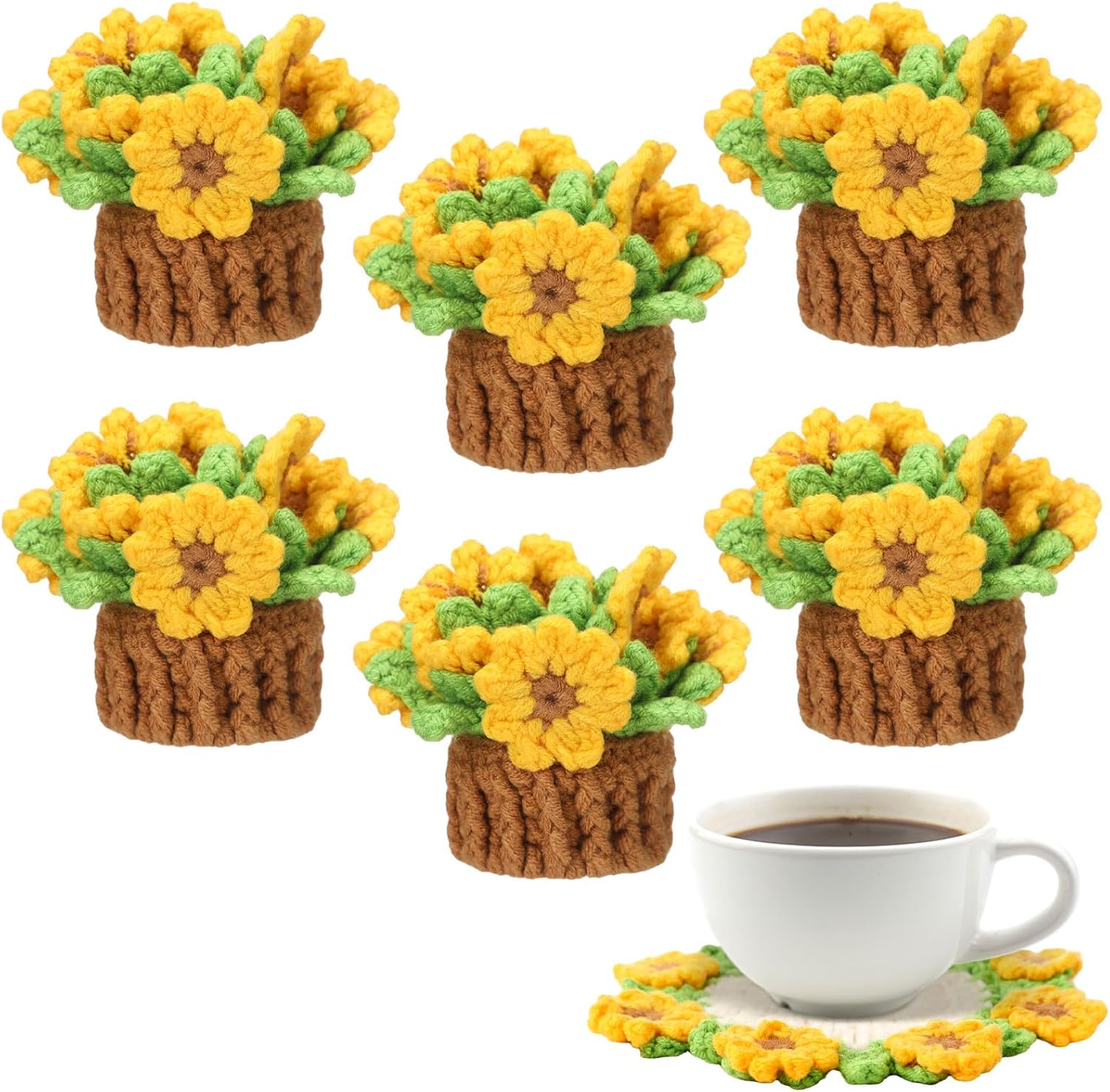 6 Pcs Knitting Crochet Sunflower Plants Flowers Crochet Coasters Cute Soft Decorative Coasters Funny Handmade Flowers Housewarming for New Home Office Bar Desk Car Decoration