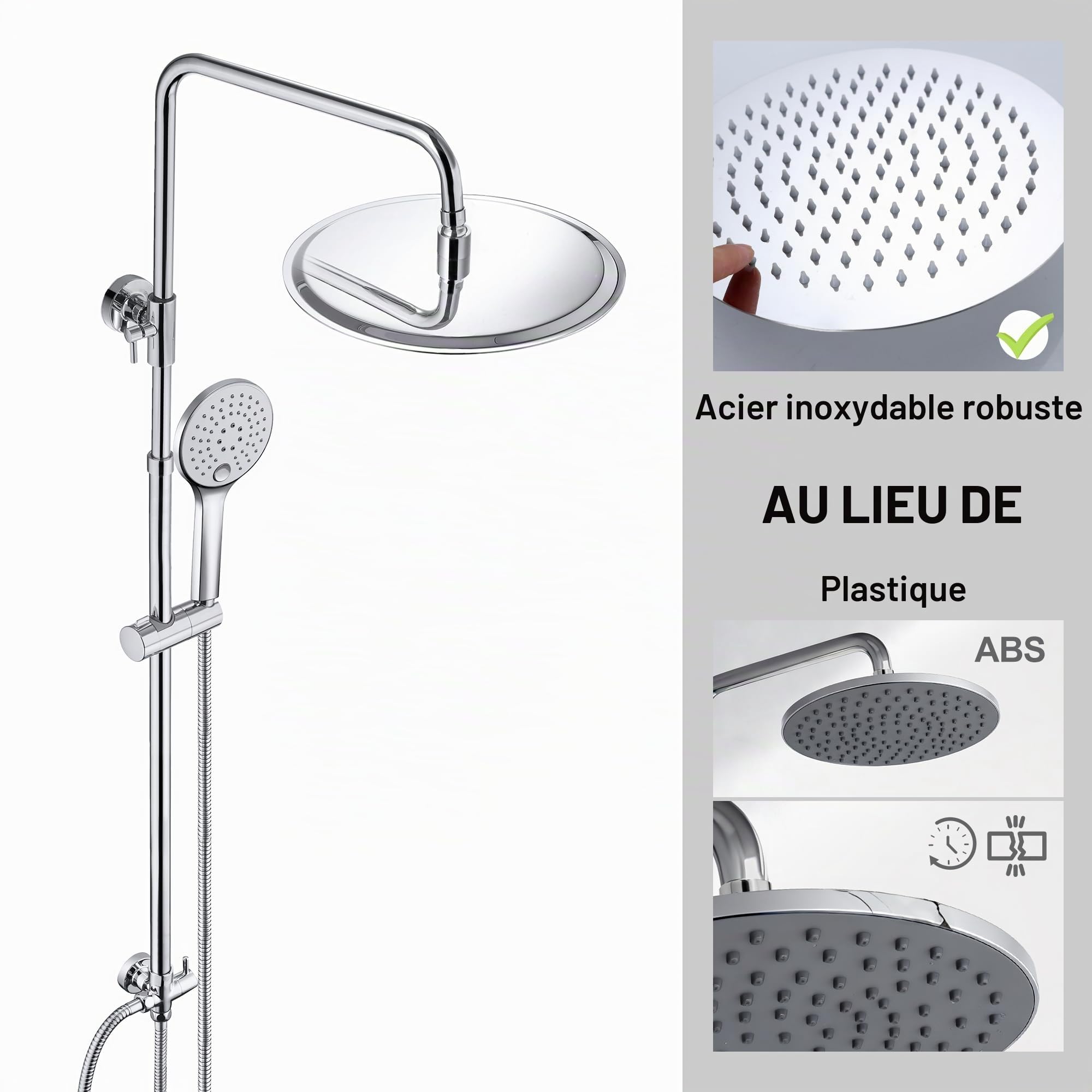JOHO Colonne de douche Inox sans Robinetterie Thermostatique, SystèmePluie pour Cabine Baignoire avec Barre Réglable Hauteur et Tête de Douche 20 cm Chromé
