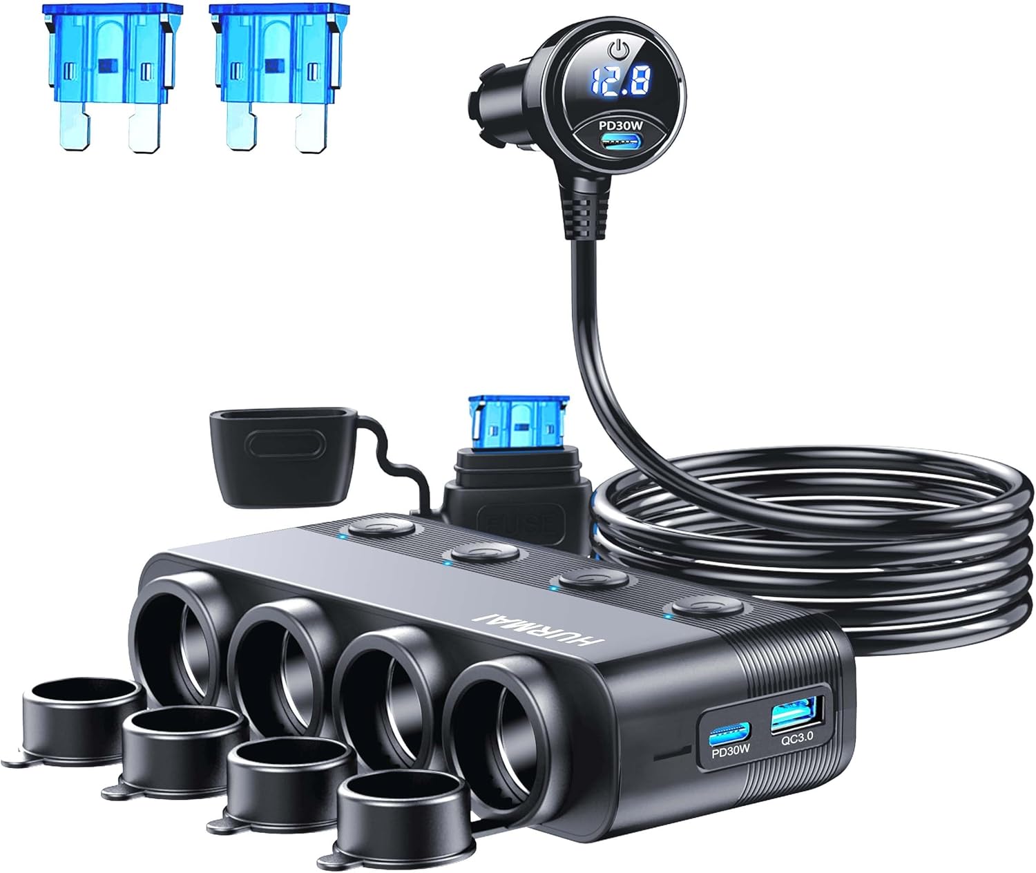 HURMAI Cigarette Lighter Splitter Adapter 216W 4 Socket Heavy Duty Truck Car USB Chager Multi Port with PD30W/QC3.0 Charge USB C 12V/24V Independent Switches & Dust Cover & Waterproof for Car Devices