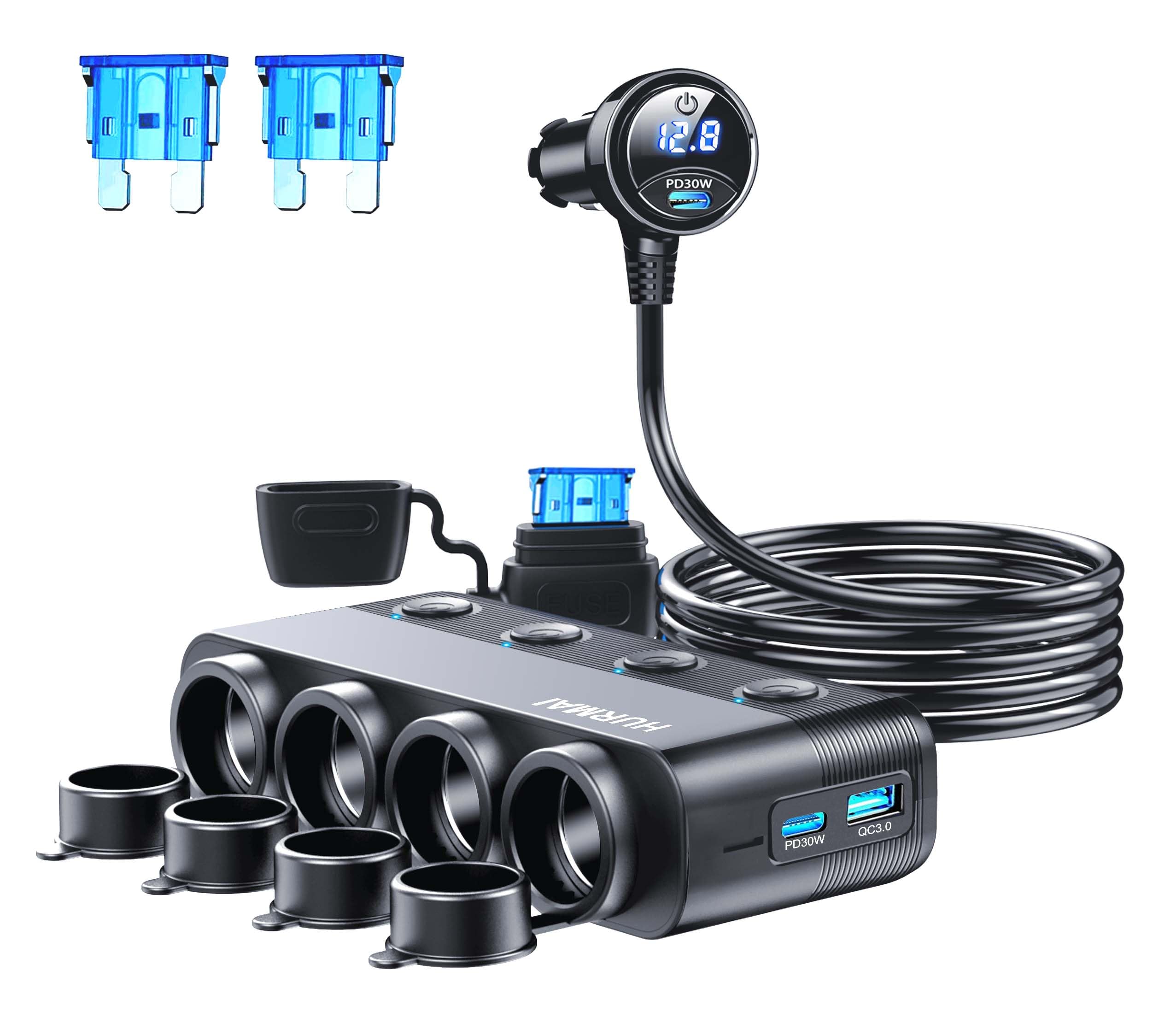 Adapter rozdzielacza do zapalniczki samochodowej 216 W 4 gniazda do ciężkich samochodów ciężarowych USB Chager Multi Port z PD30W/QC3.0 ładowanie USB C 12 V/24 V niezależne przełączniki i osłona