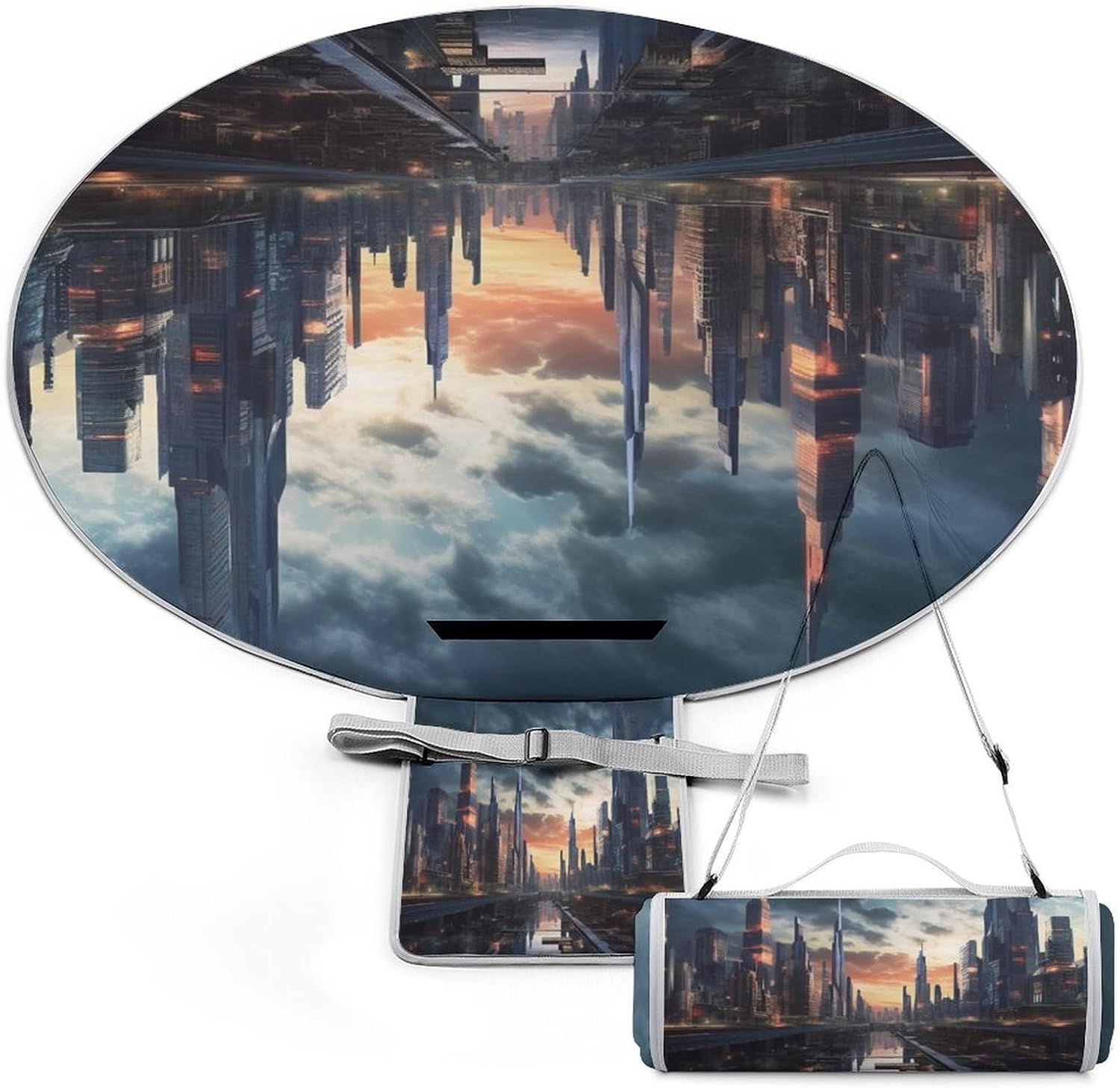 City Scape Round Outdoor Picnic Mat Foldable Waterproof Beach Camping Blanket Outdoor Rug with Sponge Padding