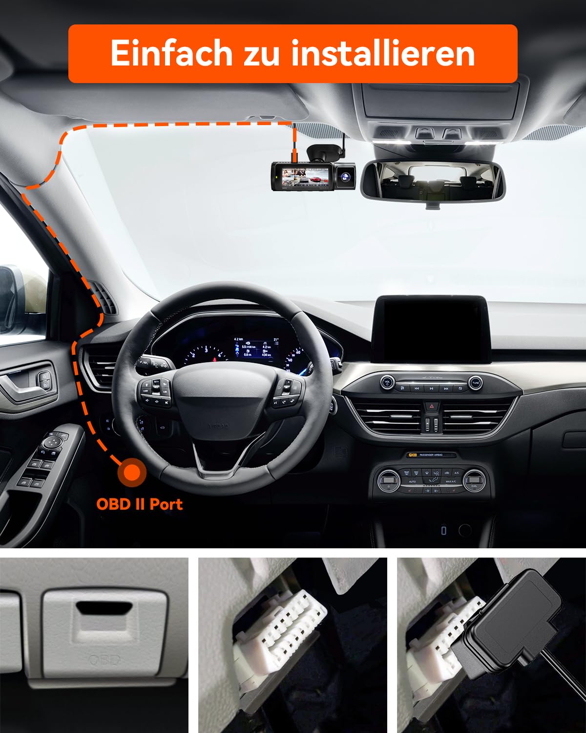 VANTRUE USB C Display OBD Hardwire mit 3 Stufen für alle Vantrue Dash Cam Halterung, Niederspannungsschutz 11.6V/12V/12.4V, 23.6V/24V/24.4V, 24 Std. Parküberwachung, 3 Meter Lang (VP04)
