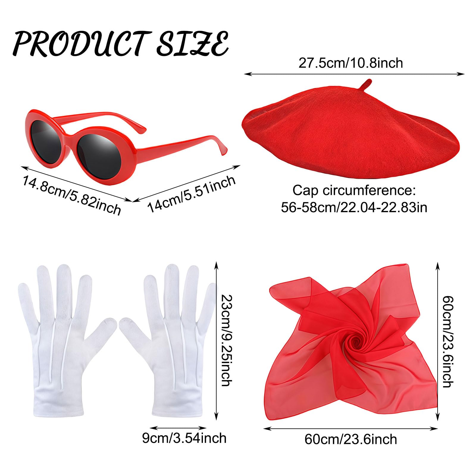 GWAWG 4PCS French Women set,Red Beret Scarf Sunglasses Gloves,Fancy Dress Costume Accessories Set,French Artist Mime Kit for Girls Cosplay Party Supplies - Image 2