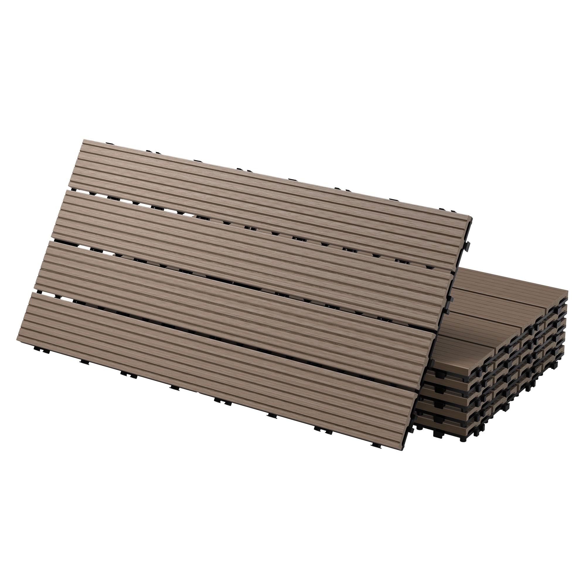 ECD Germany WPC Terrassenfliesen 60x30 cm/6 Stück=1m² Dunkelbraun, geriffelt, Holzoptik, Bodenbelag mit Klicksystem und Drainage, Terrassendielen Balkonfliesen, Klickfliesen für Terrasse Garten Balkon