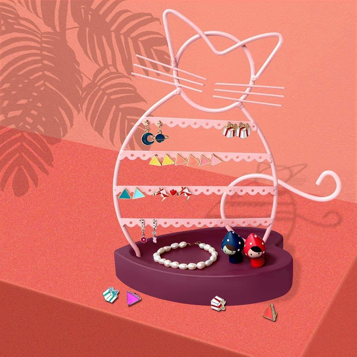 ERYTLLY Earring Holder Organizer, Cat Shaped Earring Organizer Stand With Wood Base Necklace Holder Organizer-47 Stud Earrings Holes Bracelet Holder (Pastel Pink)