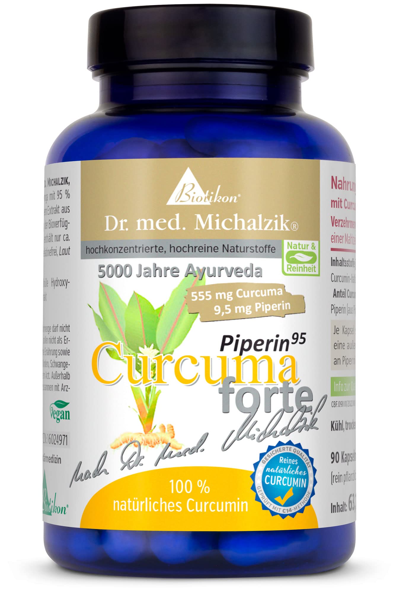 Curcuma Piperin forte Dr. med. Michalzik hoher Curcumin-Gehalt - 527,25 mg Curcuminoide - 10 mg Piperin Extrakt je Kapsel REIN NATÜRLICH nachgewiesen C14 ISOTOPEN ANALYSE - von BIOTIKON®