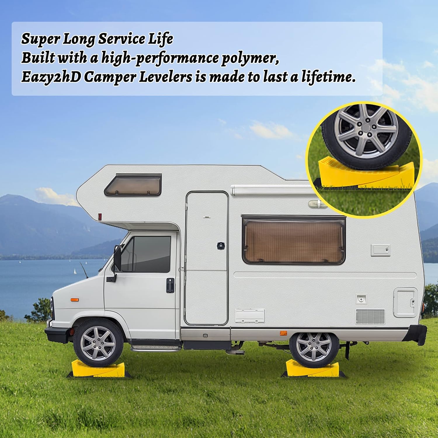 Eazy2hD Camper Leveler 2 Pack - RV Leveling Blocks, Includes Two Curved Levelers, Two Chocks, and Two Rubber Grip Mats, Heavy Duty Leveler Works for Camper