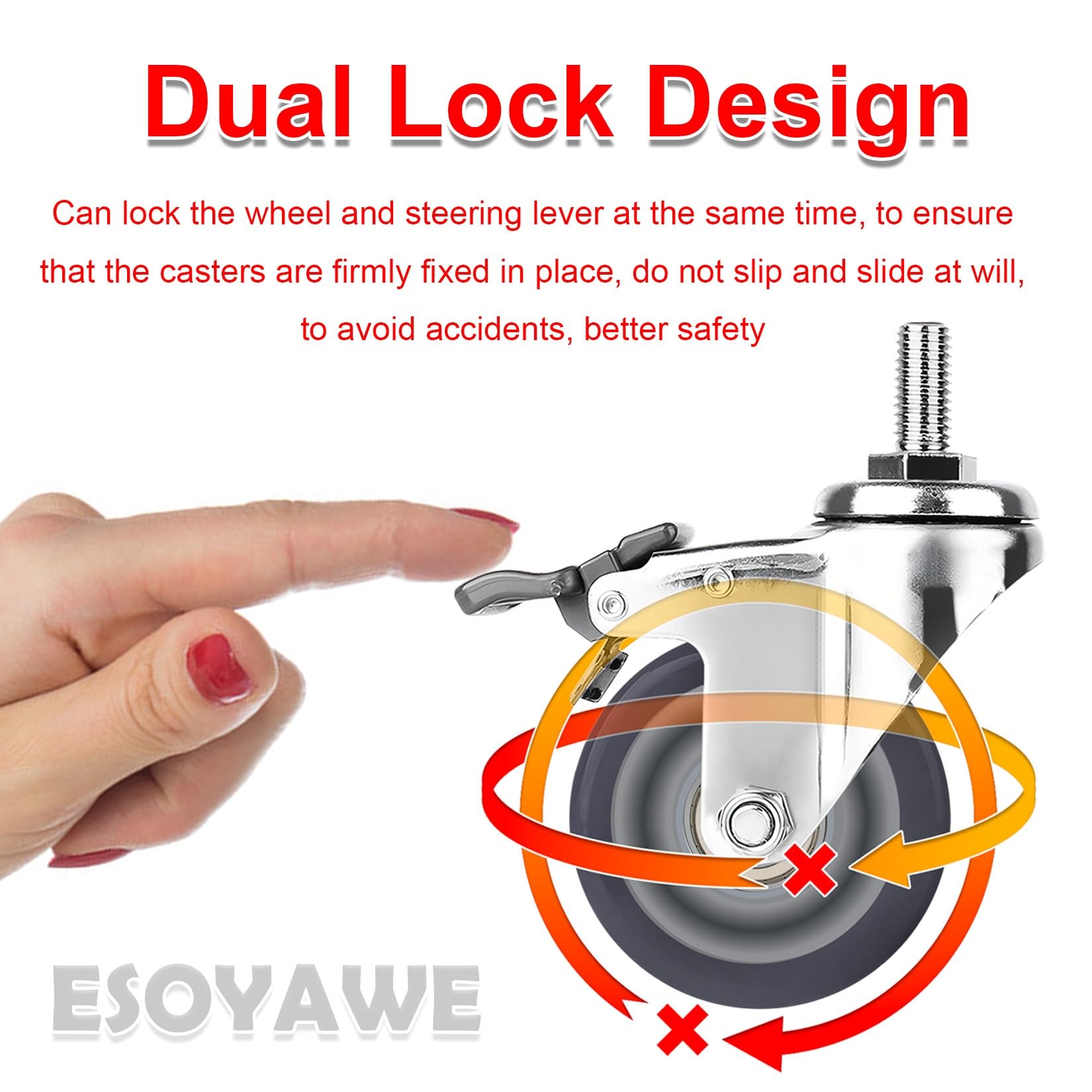 Schwerlast M12 Gewinde Vorbau Lenkrollen 63mm 75mm 100mm Leise Polyurethan Rollen 4 Stück, 360 Grad Drehbar Mit Bremse Industrie Transportroller, Doppellagerung Ersatz Rollen(Swivel+Brake,63mm)