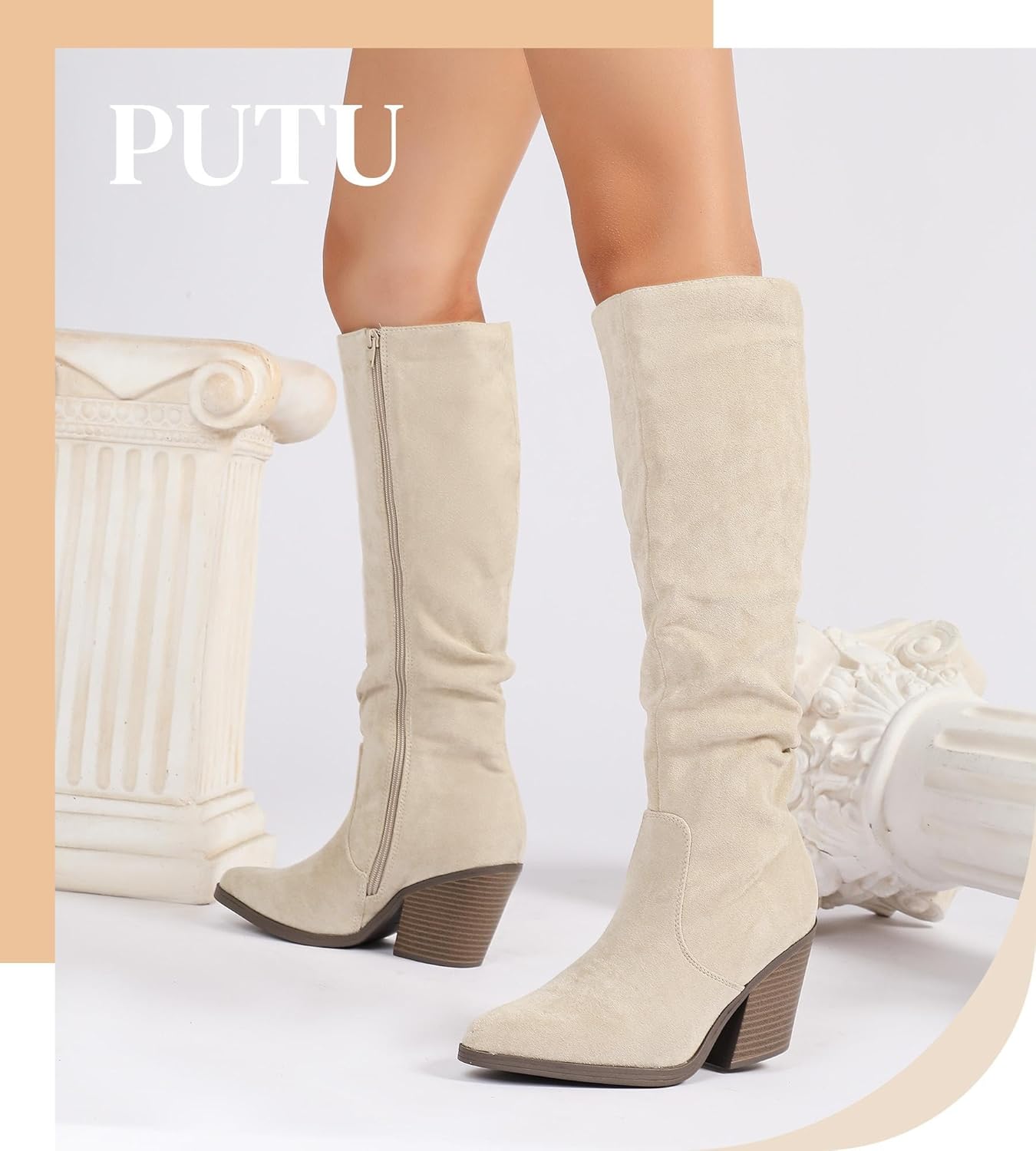 Putu Women's Pointed Toe Knee High Boots Faux Suede Stacked Chunky Heel Boots Side Zipper Slouchy High Boots - Image 5