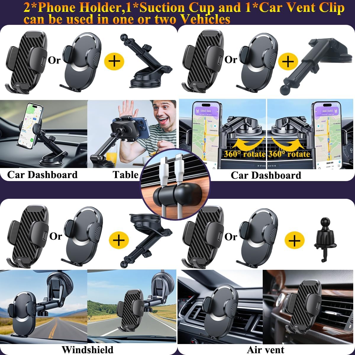 Cell Phone Holder for Car Mount Dashboard Windshield Air Vent Scalable Long Arm Fit All Phone with Thick Case,Black,2 Pack