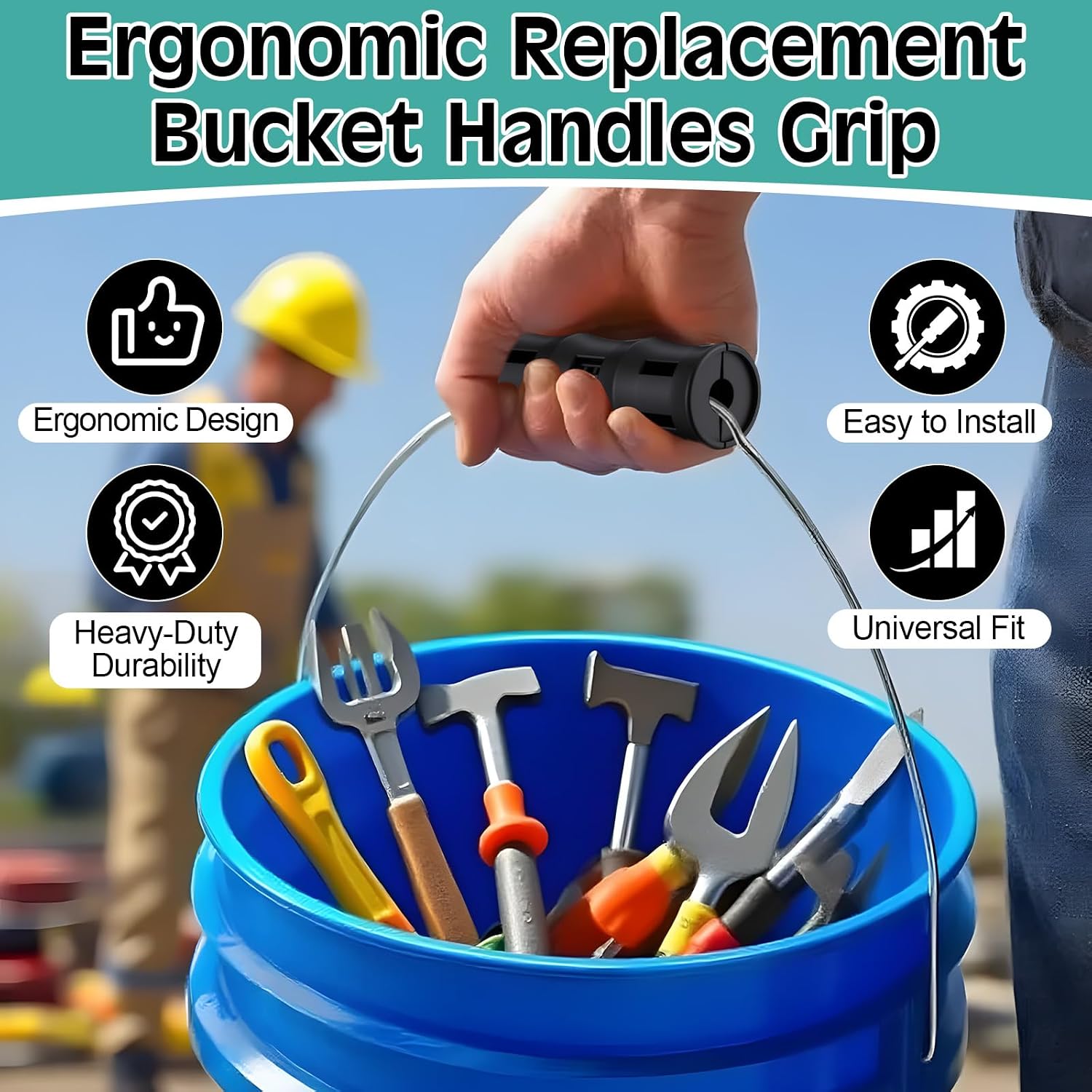 4 Pack Bucket Handle Replacement for 5 Gallon Buckets | Ergonomic Bucket Grips, Easy Install, Plastic Grips, Heavy Duty, Gardening, Painting, DIY, Farming, Car Wash (Black）