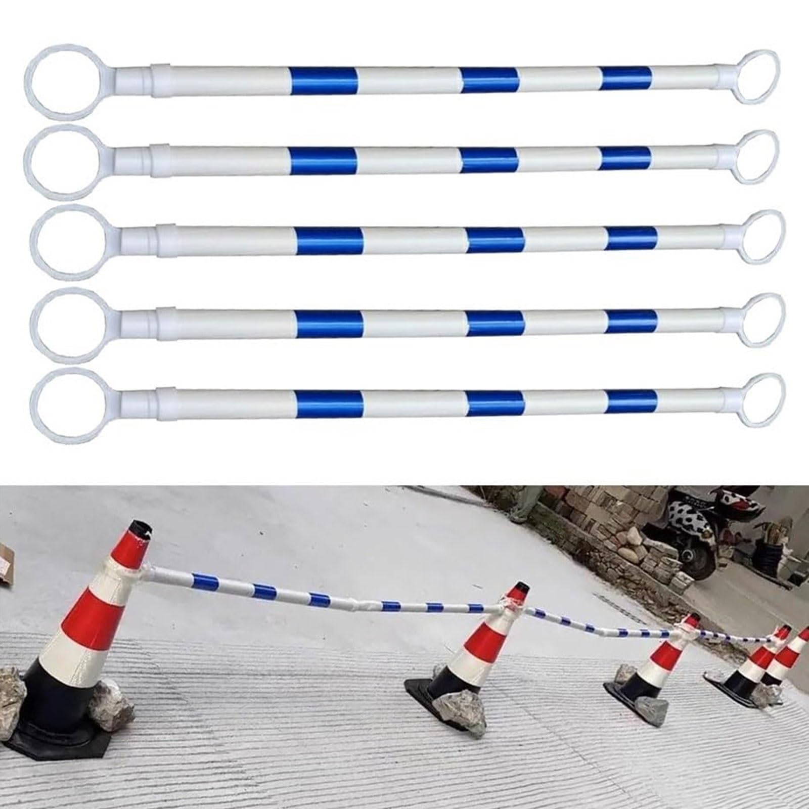 Eiwitany Reflective Plastic Telescopic Traffic Barrier Pole, 1.25-2M Extendable Safety Cone Bar for Driveway and Crosswalk Use (Blue+white)