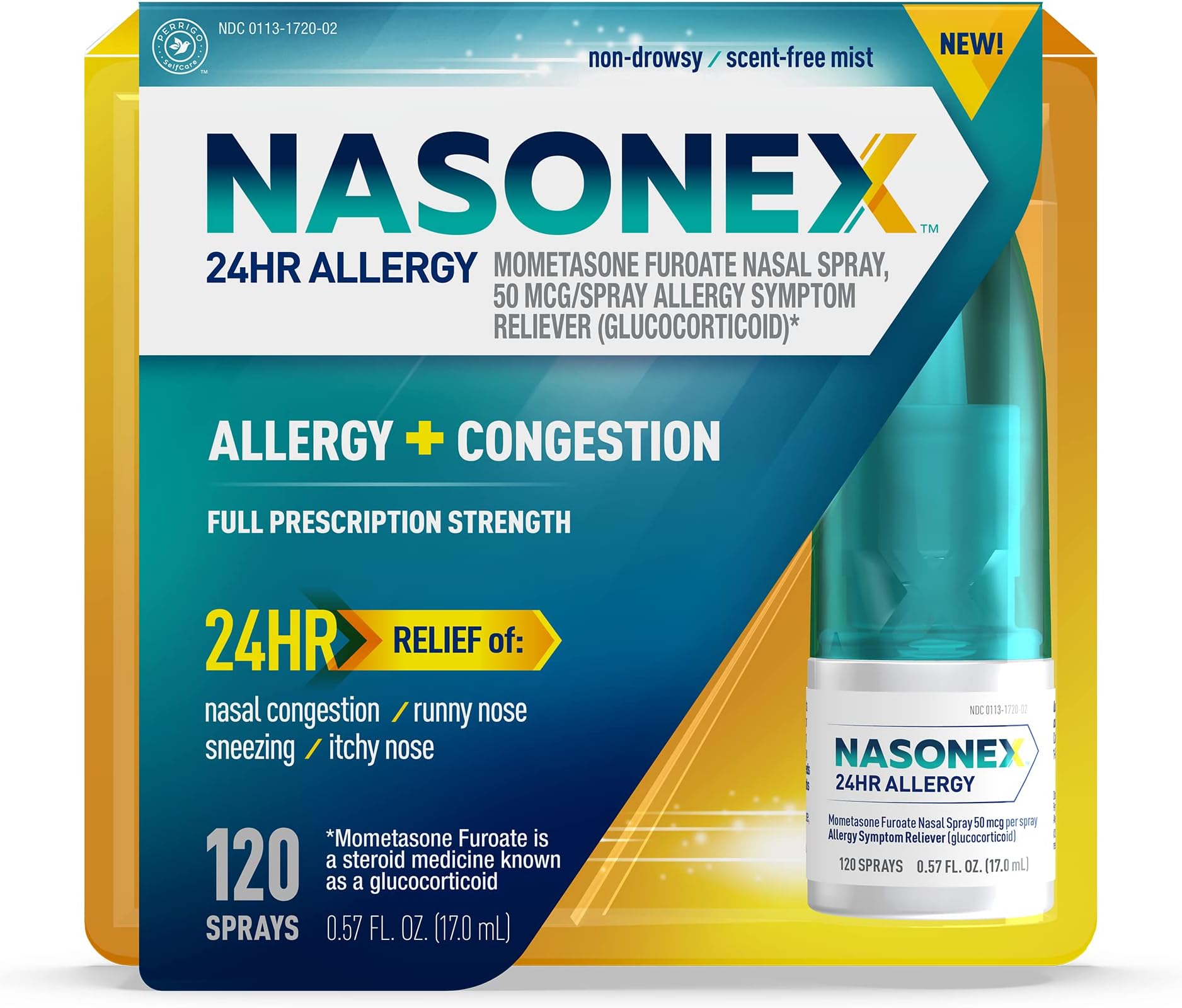 24HR Allergy Nasal Spray, Non-Drowsy, Scent-Free Mist, Allergy Symptoms + Nasal Congestion, Full Prescription Strength, 120 Sprays