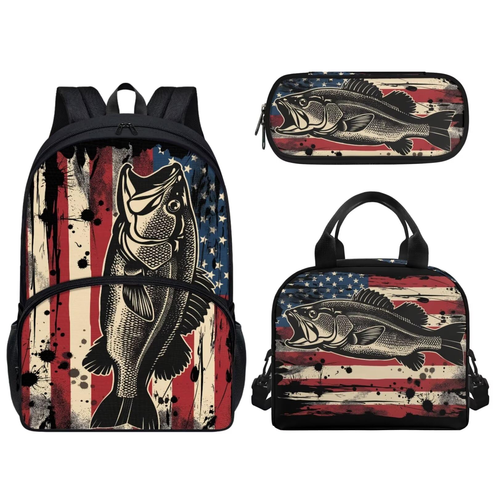 Wideasale American Flag Fish Backpack for Boys Girls Primary Middle School Bookbag Set with Lunch Box Pencil Case Kindergarten Kids Schoolbags