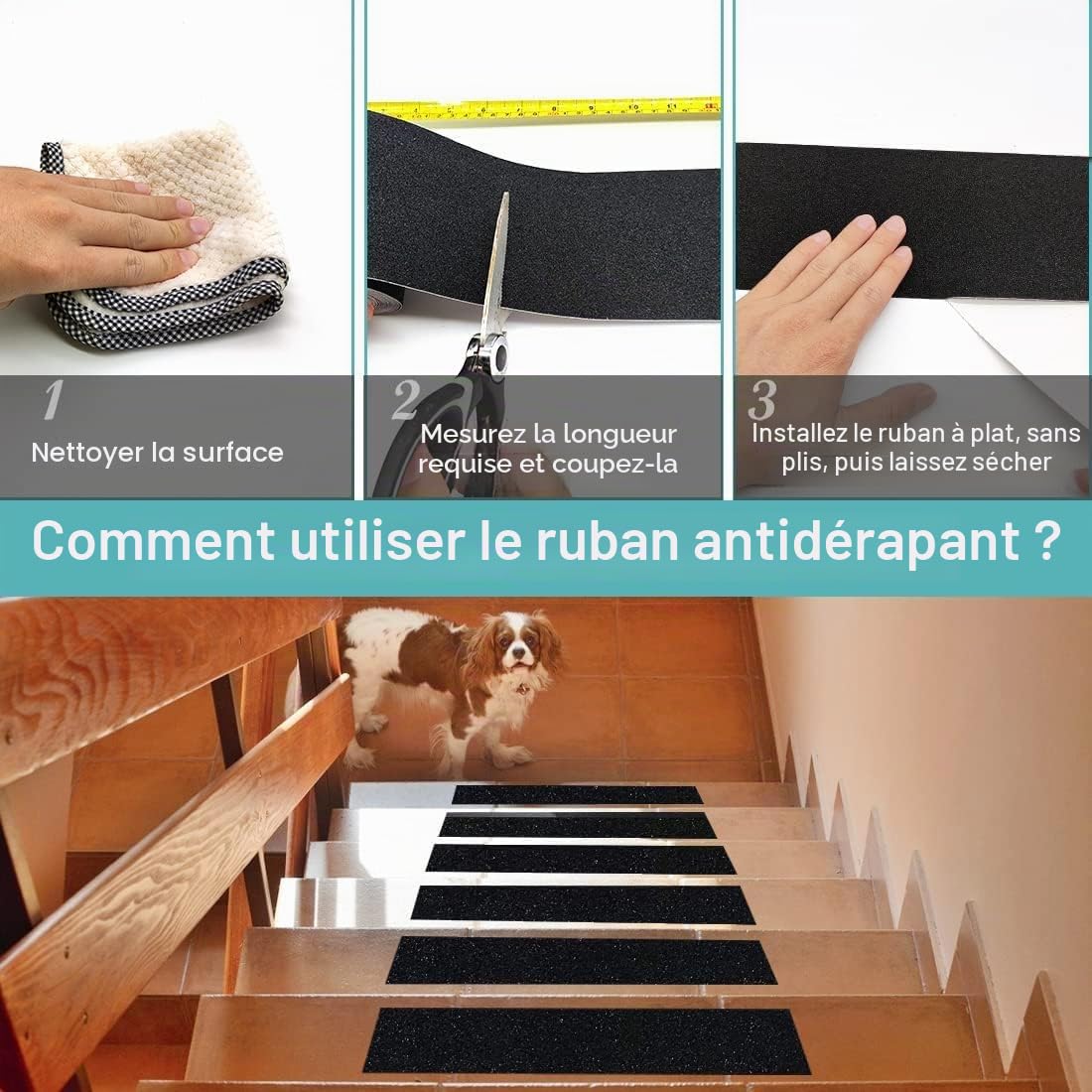 Bande Antidérapante adhésive 25cm x 5m Ruban Adhésif Antidérapant Forte Adhésif, Bande Sécurité, Bande Antidérapante Adhésive pour Escaliers, Marches, Revêtements de Sol Noir