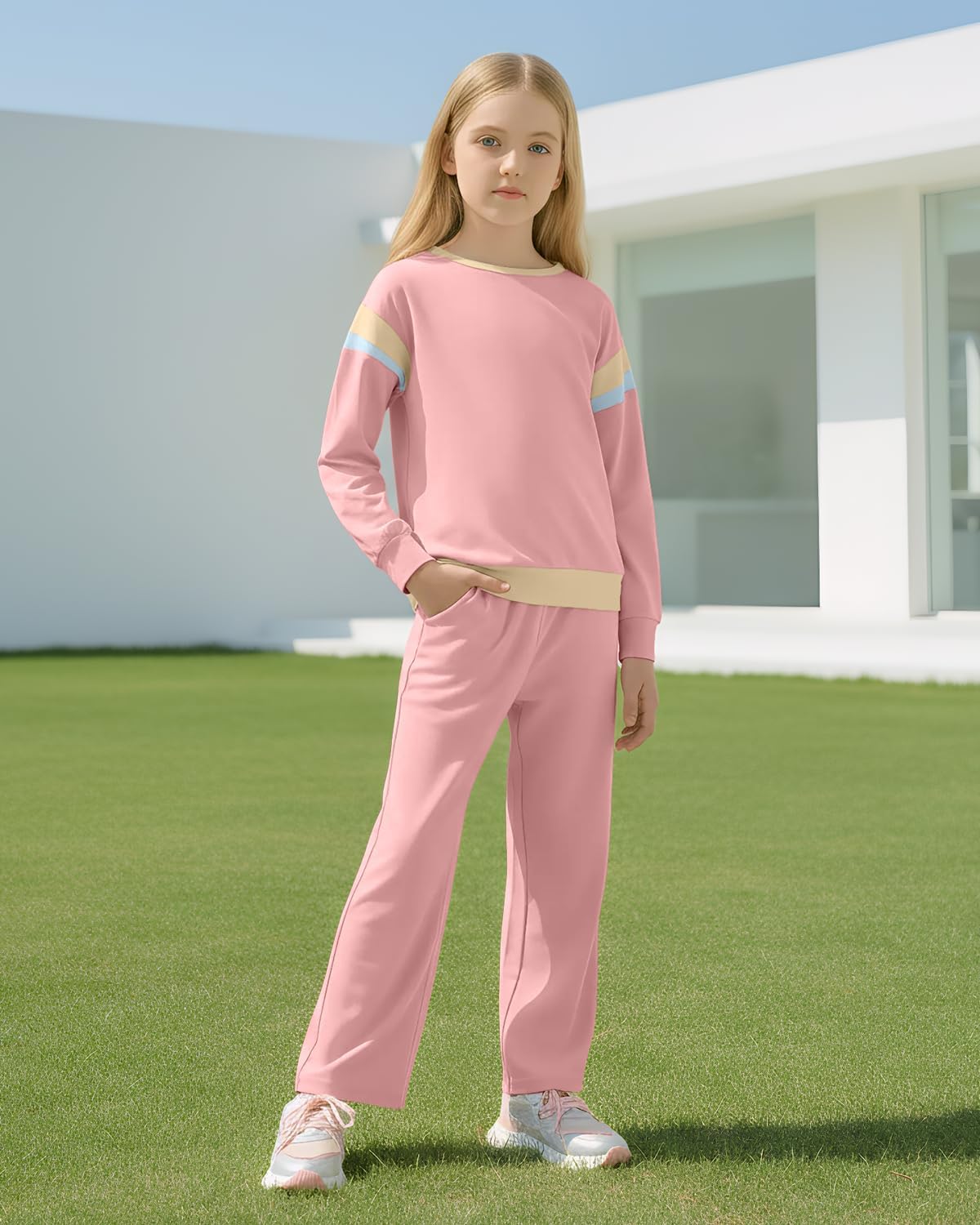 JiAmy Girls Clothing Sets 2 Piece Color Block Sweatsuit Long Sleeve Stylish Tops and Pants Clothes for 3-12 Years - Image 2