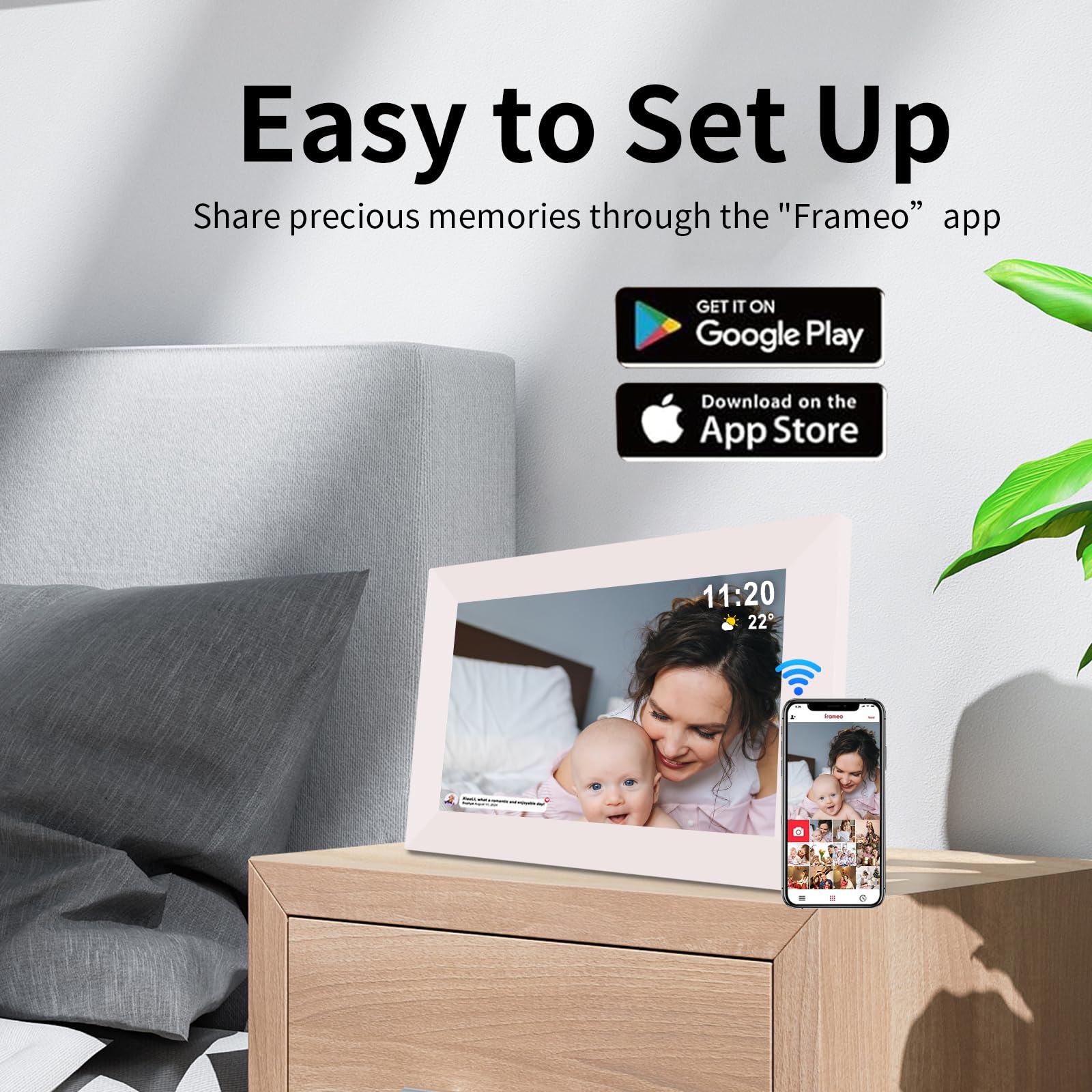 Frameo Cadre photo numérique de 10,1 pouces blanc, cadre photo numérique intelligent WiFi avec écran tactile IPS, écran HD 1280 x 800, rotation automatique de 32 Go, montage mural, fente SD/USB