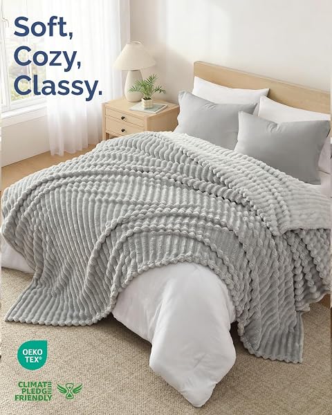 CGK Unlimited Super Soft Fleece Blanket Queen Size - Fleece Throw Blanket for Bed, Couch & Chair - Cozy, Warm & Breathable - All Season Fuzzy, Cute Decor, Microplush Bedding for Women, Men and Teens - 90x90, Grey in use