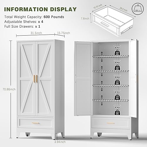 Miniatura 2 de COFaR Gabinete de Almacenamiento de Metal, Gabinete de Almacenamiento Estilo Granja con 2 Puertas y 4 Estantes Ajustables - Despensa de Cocina