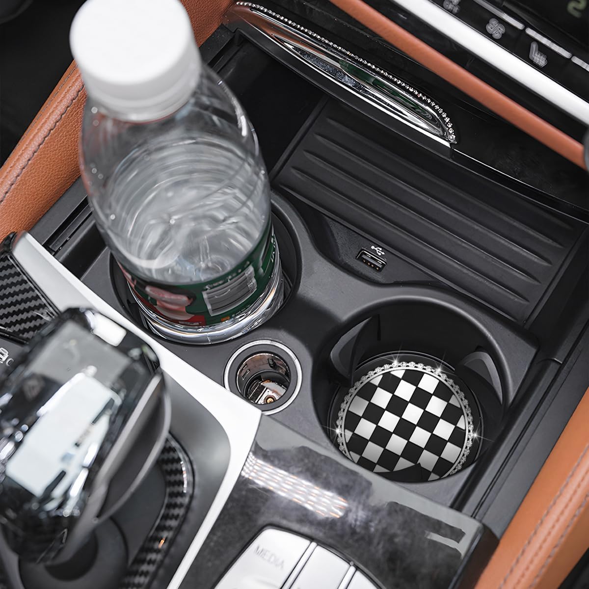 Osilly 4PCS Bling Car Cup Holder Coaster, Shiny Shockproof Non-Slip Vehicle Drink Cup Insert Mat Cushion with Rhinestone, Diamond Dustproof Auto Water Bottle Mat Decor, Universal Fit (Checkerboard)