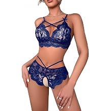 Lilosy Sexy Crotchless Strappy Women Floral Lace High Waist Pajamas Lingerie Set